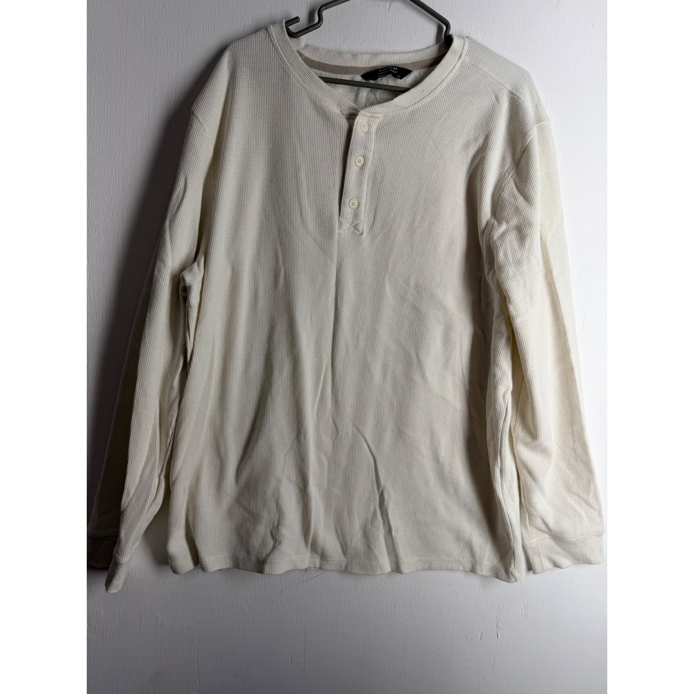 Members Mark Thermal Henley Shirt Mens XXL Cream Waffle Knit Long Sleeve Tee